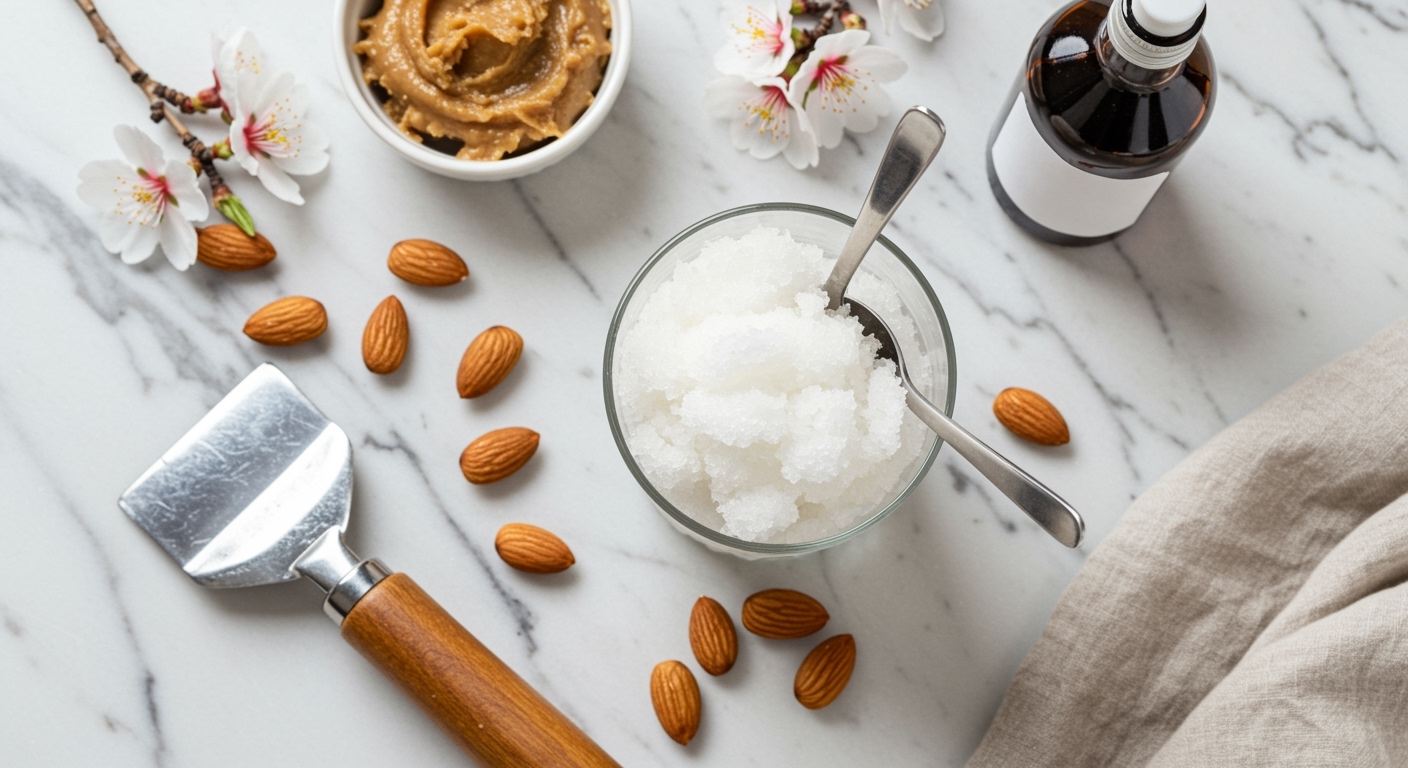 Fluffy white almond granita in tall glass surrounded by whole almonds, almond paste bowl, blossoms, and ice scraper on marble