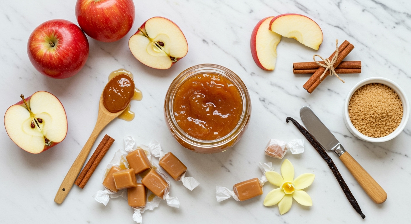 Glass jar of golden-brown apple caramel jam surrounded by fresh apples, caramel candies, cinnamon sticks, and wooden spoon