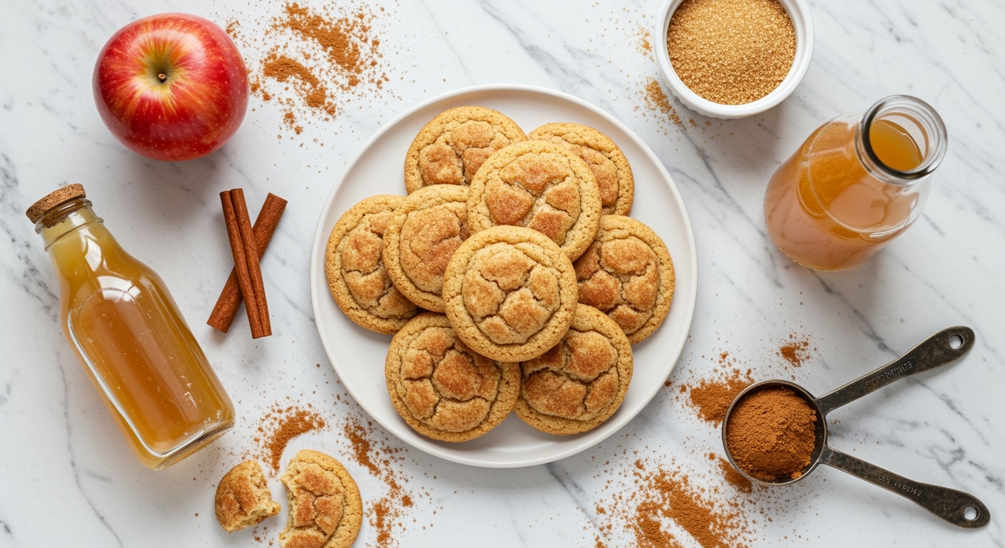 Golden apple cider snickerdoodles on white plate surrounded by red apple, cider bottle, cinnamon sticks, and sugar bowl