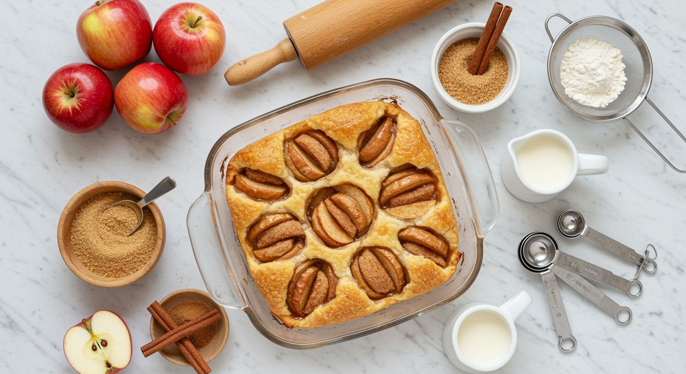 Baked apple crows nest in glass dish with golden pastry surrounding cinnamon-coated apples on white marble countertop