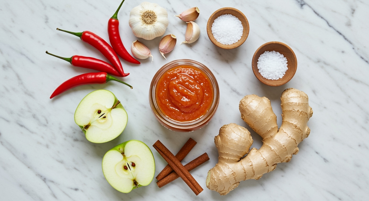 Glass jar of red-orange apple hot sauce surrounded by red chilies, green apple slices, garlic, salt, cinnamon, and ginger on marble