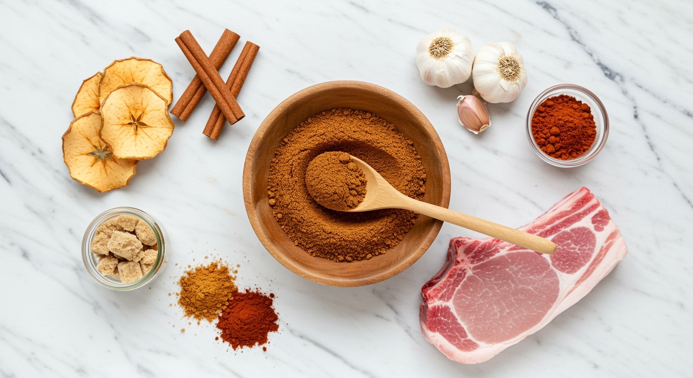 Reddish-brown apple rub spice blend in rustic wooden bowl surrounded by dried apple slices, cinnamon sticks, and raw pork chop
