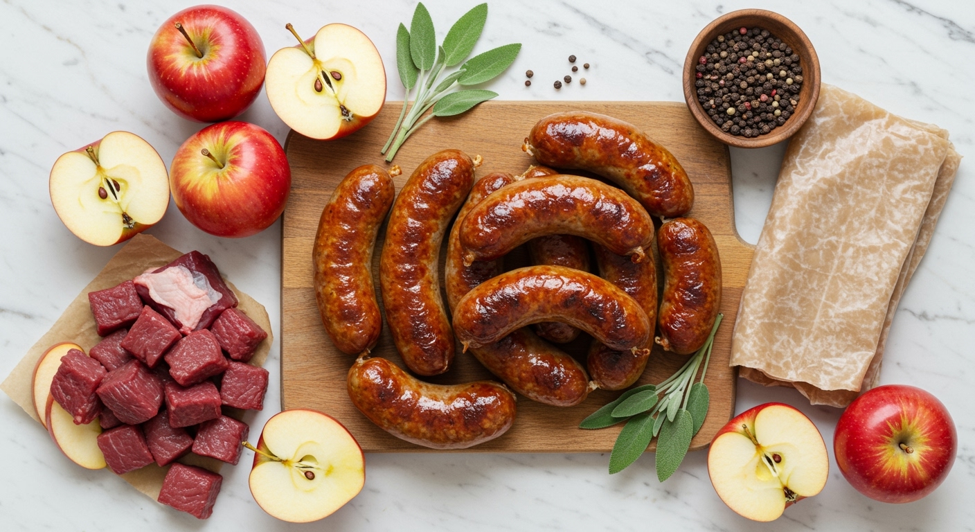Golden-brown apple venison sausage links on wooden cutting board surrounded by fresh red apple slices and raw venison on marble