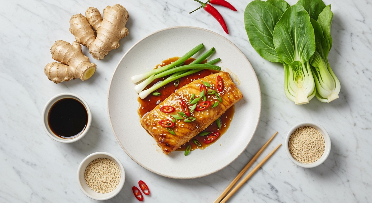 Glazed Asian grouper fillet on white plate with scallions, chili, surrounded by soy sauce, ginger, bok choy, and chopsticks