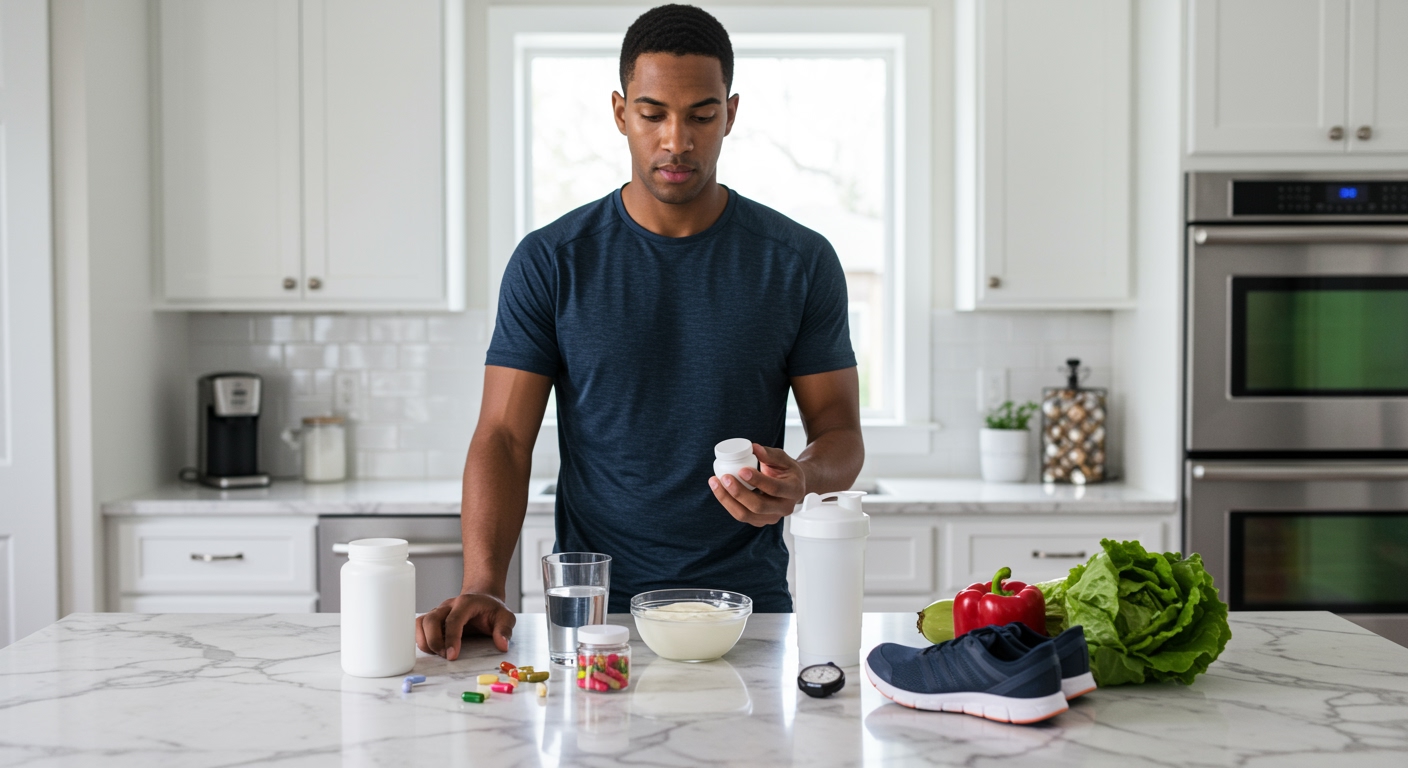 Male athlete standing behind marble counter examining probiotic capsules with sports nutrition items and healthy foods arranged