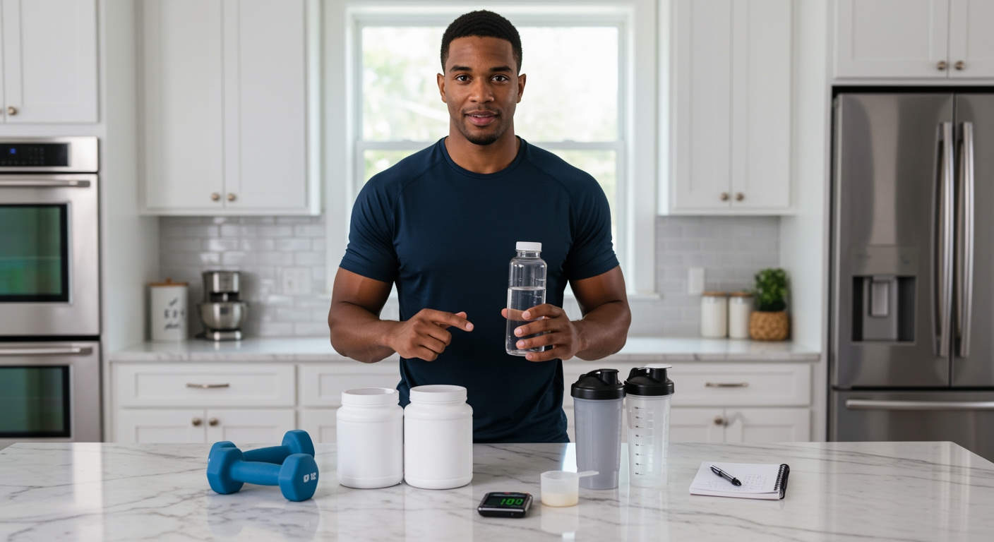 Male athlete pointing to supplement containers on marble countertop with workout equipment in modern kitchen setting
