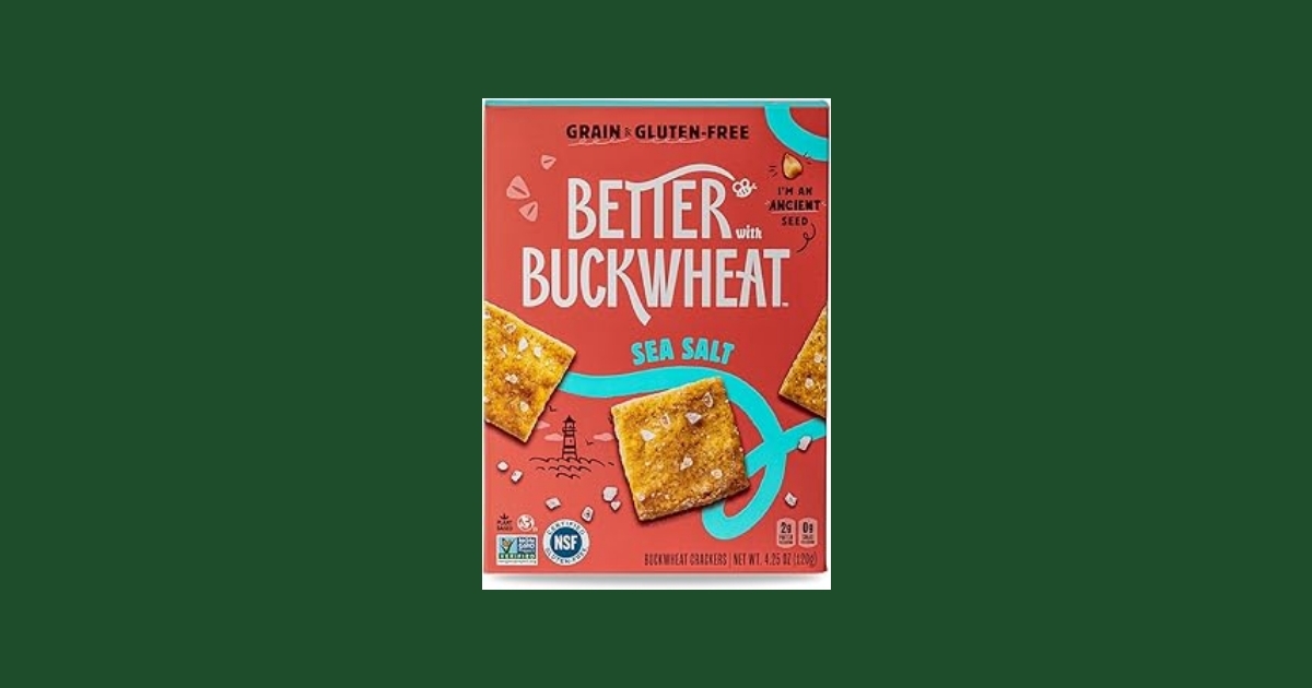 Better with Buckwheat Sea Salt Crackers box showing gluten-free buckwheat crackers with bright colorful packaging design