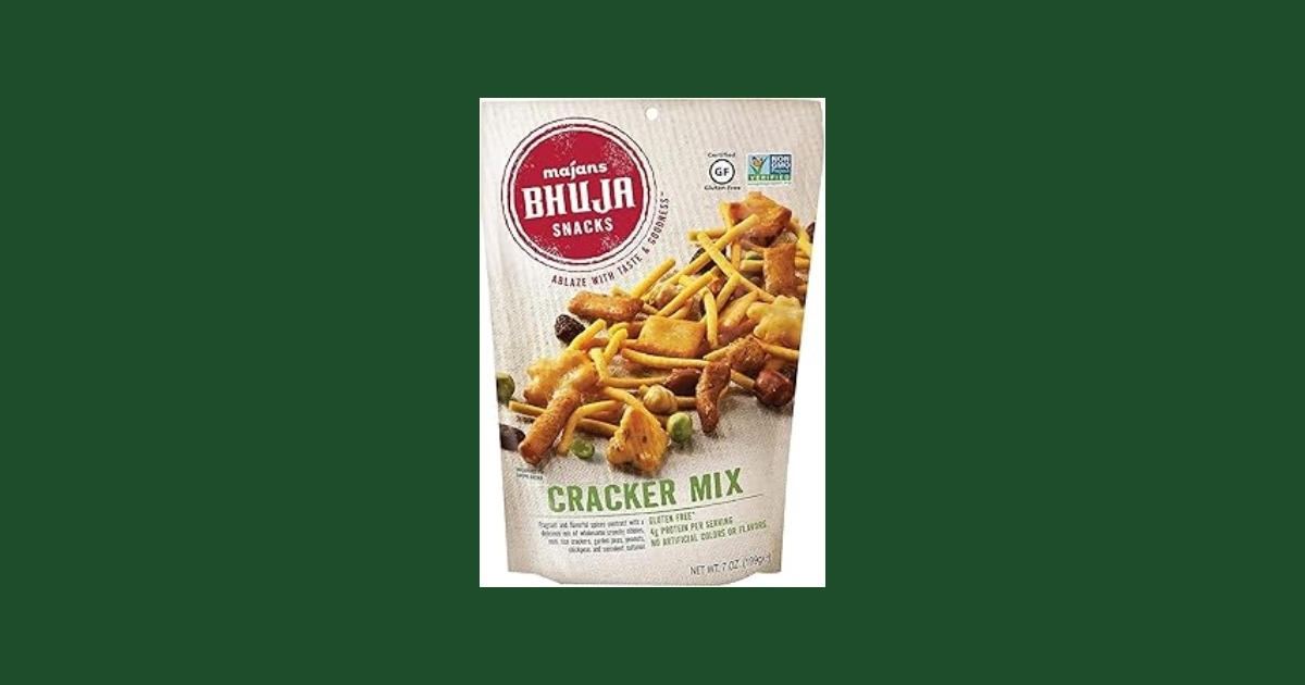 Bhuja Cracker Mix resealable pouch showing gram flour crackers, peanuts, and spices with gluten-free certification label