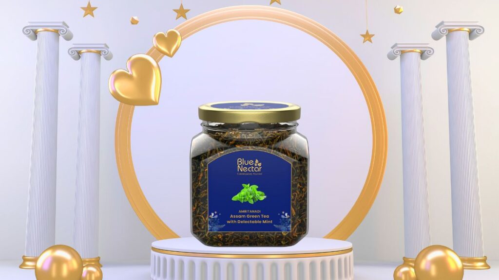 Blue Nectar green tea in glass jar with mint flavor and free tea infuser on premium background