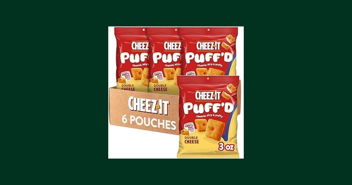Bright orange bag of Cheez-It Puffd Double Cheese crackers showing puffy cheese snacks on white background