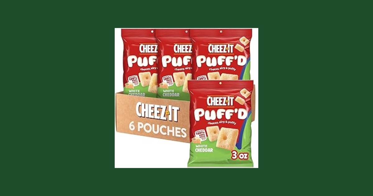 Cheez-It Puffed White Cheddar crackers package showing airy white cheddar cheese flavored snack crackers in bright packaging