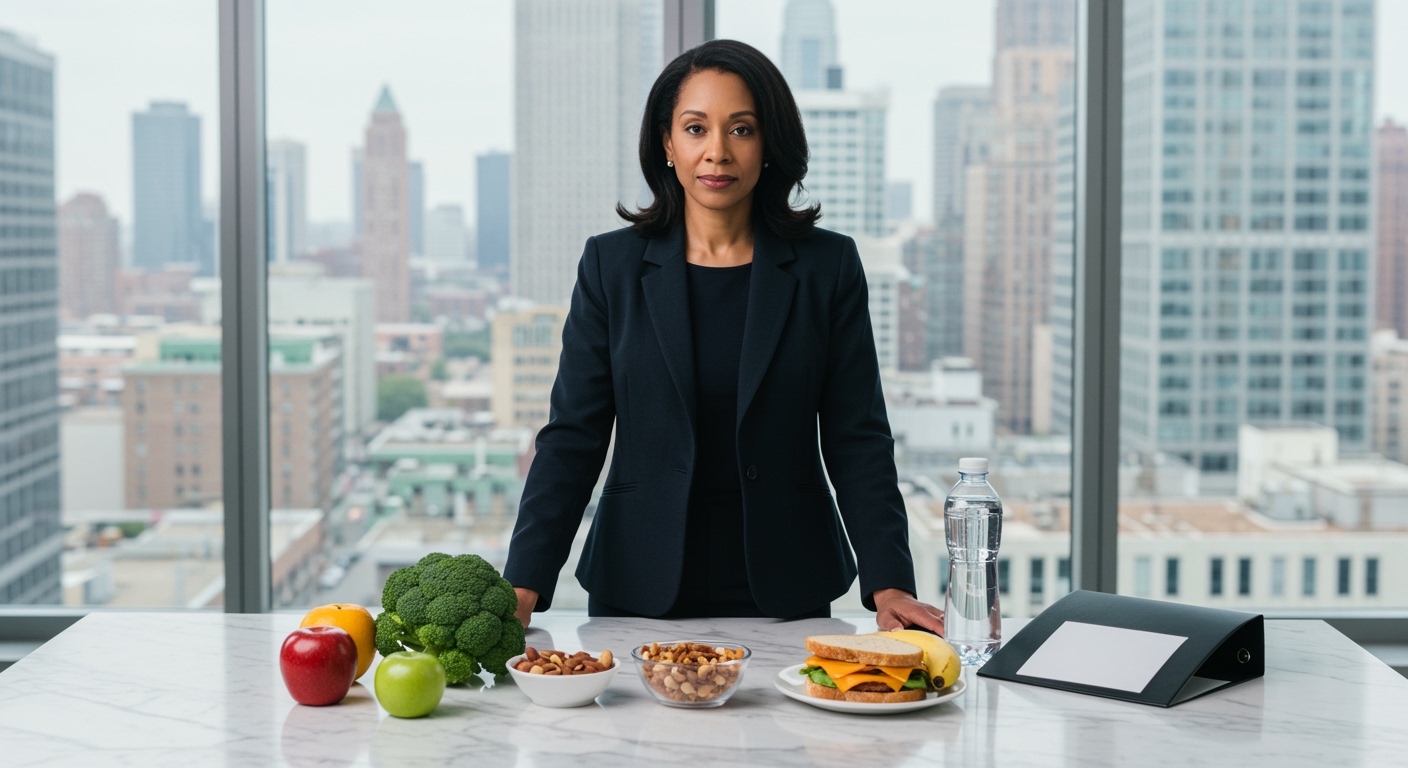 Woman in navy blazer standing behind marble counter with healthy foods including apple, broccoli, and water bottle