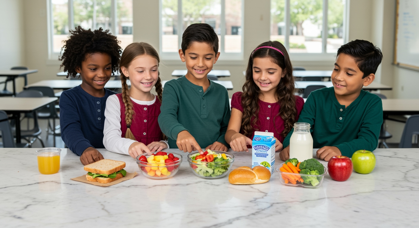 Five elementary school children standing behind white marble counter with seven healthy food items including sandwich, fruit, milk, and vegetables