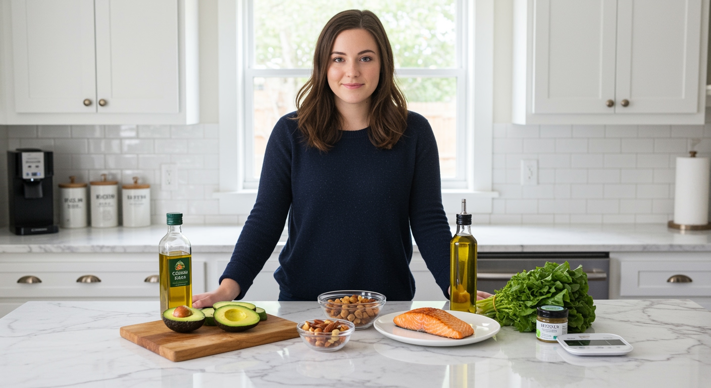 Young woman standing behind marble counter with keto diet foods including avocado, nuts, salmon, and oils in bright kitchen