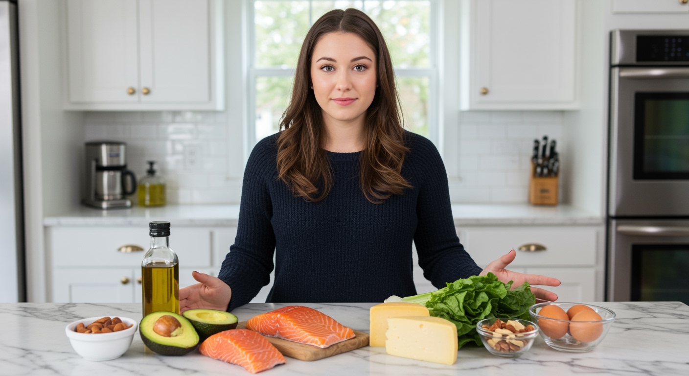 Young woman standing behind marble counter with keto diet foods including avocado, salmon, nuts, and vegetables in modern kitchen