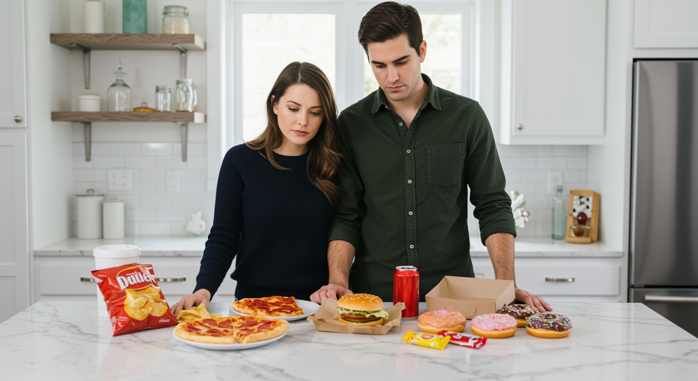 Young couple standing behind marble counter examining various junk food items in modern kitchen with natural lighting