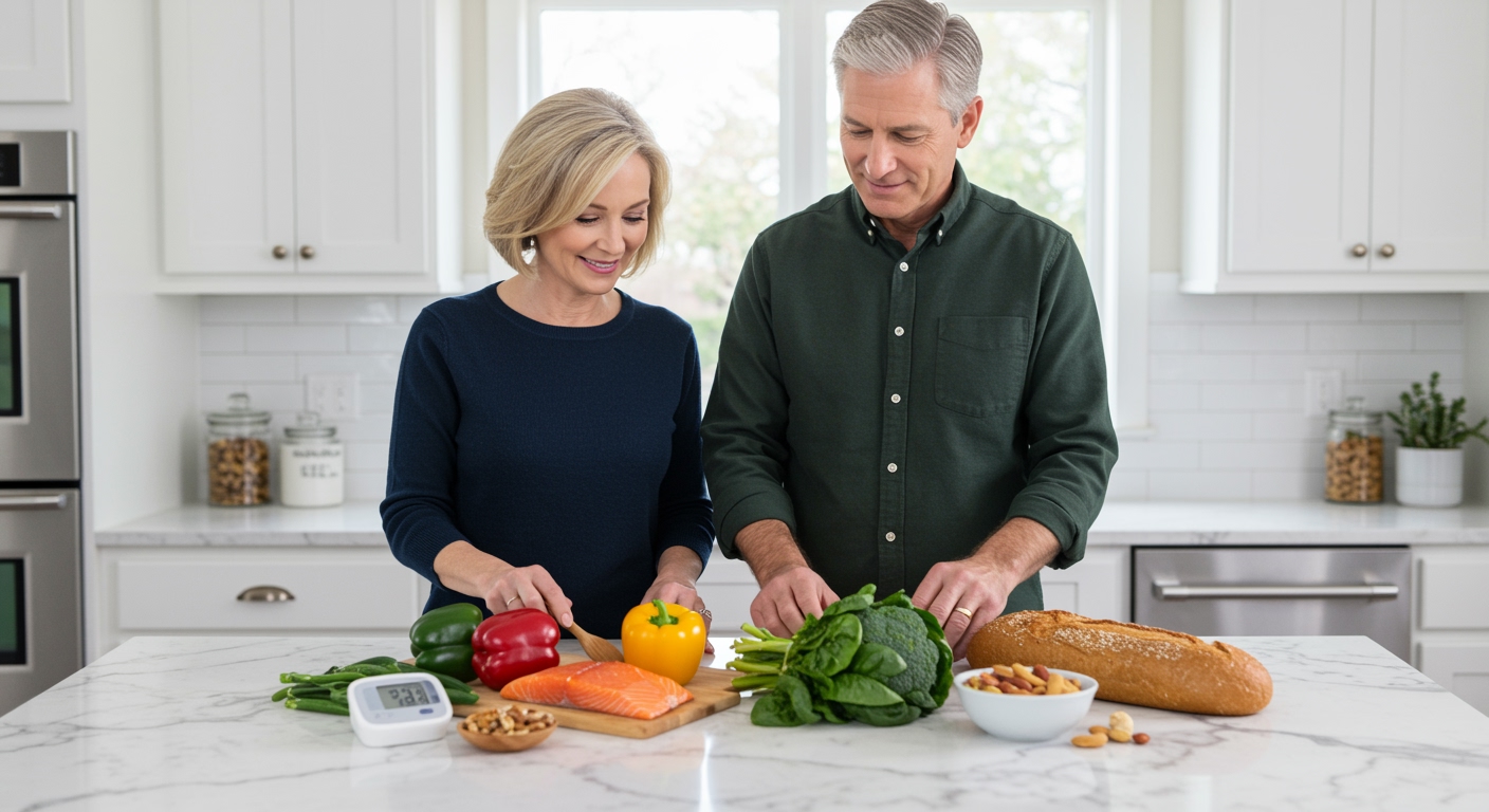 Middle-aged couple preparing healthy meal together with blood pressure monitor and nutritious foods on marble countertop