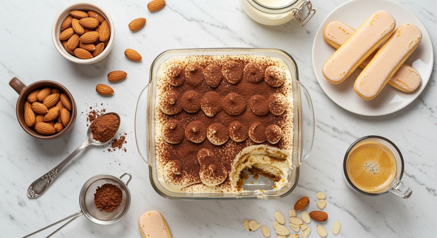 Layered almond tiramisu in square glass dish with cocoa dusting surrounded by almonds, espresso, and mascarpone on marble