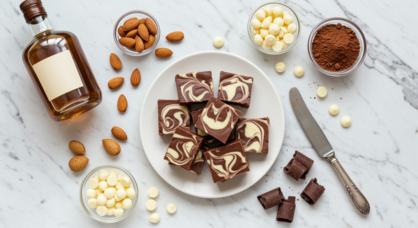 Chocolate and white amaretto fudge swirl pieces on white plate surrounded by almonds, cocoa powder, and chocolate ingredients