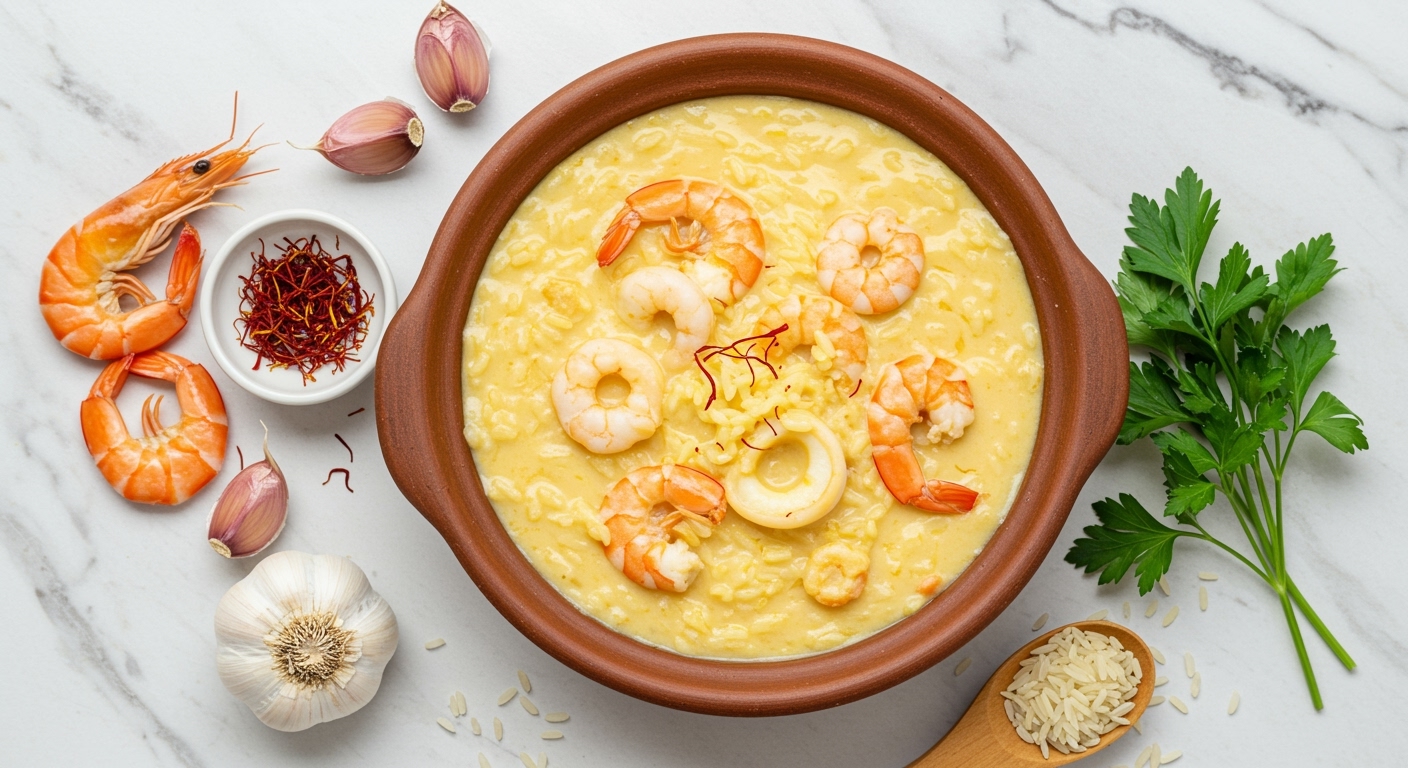 Creamy Spanish arroz meloso rice with shrimp in ceramic bowl surrounded by saffron threads, garlic, and fresh herbs on marble