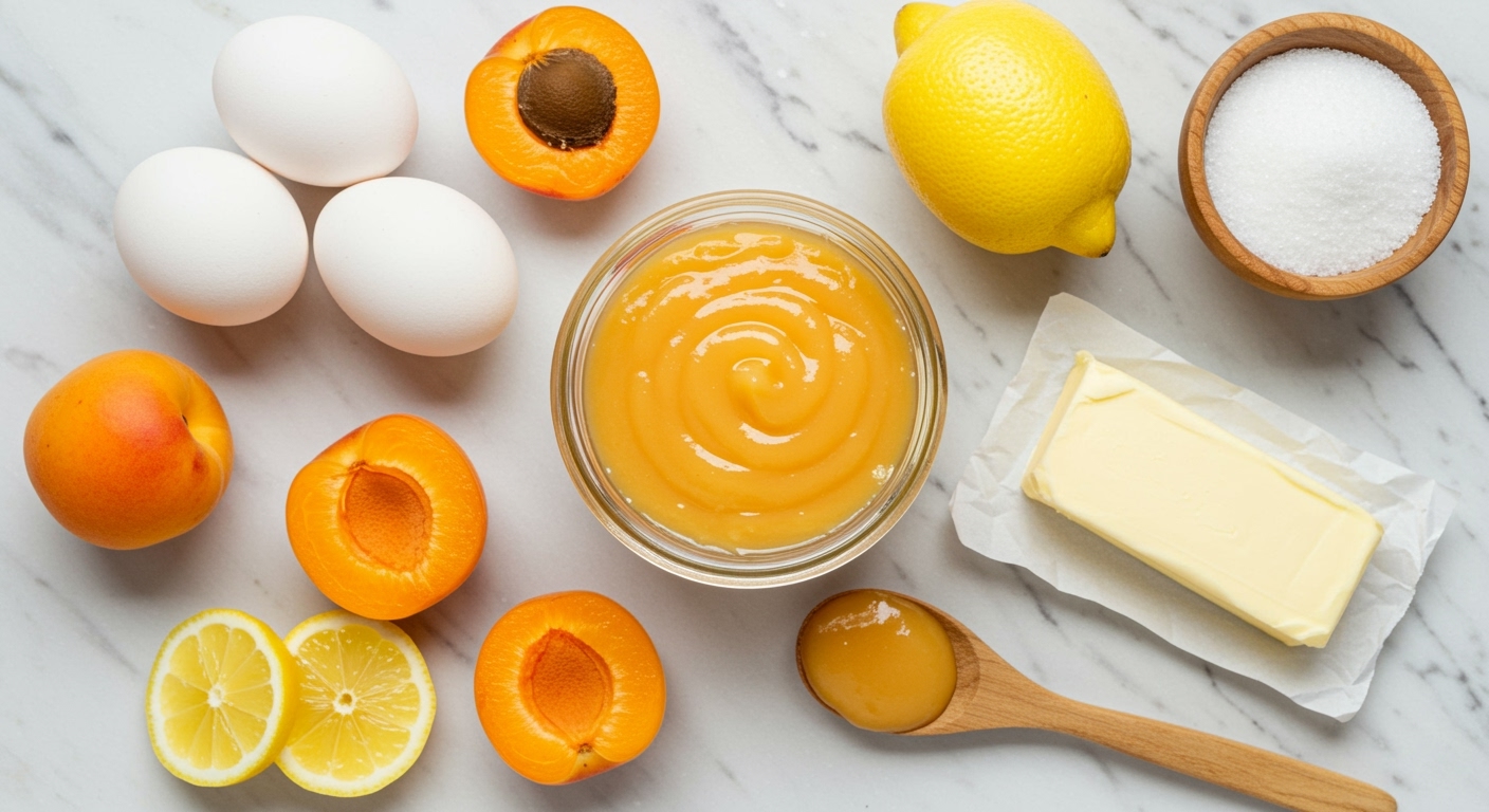 Golden apricot curd in glass jar surrounded by fresh apricots, eggs, butter, lemon slices and sugar on white marble countertop
