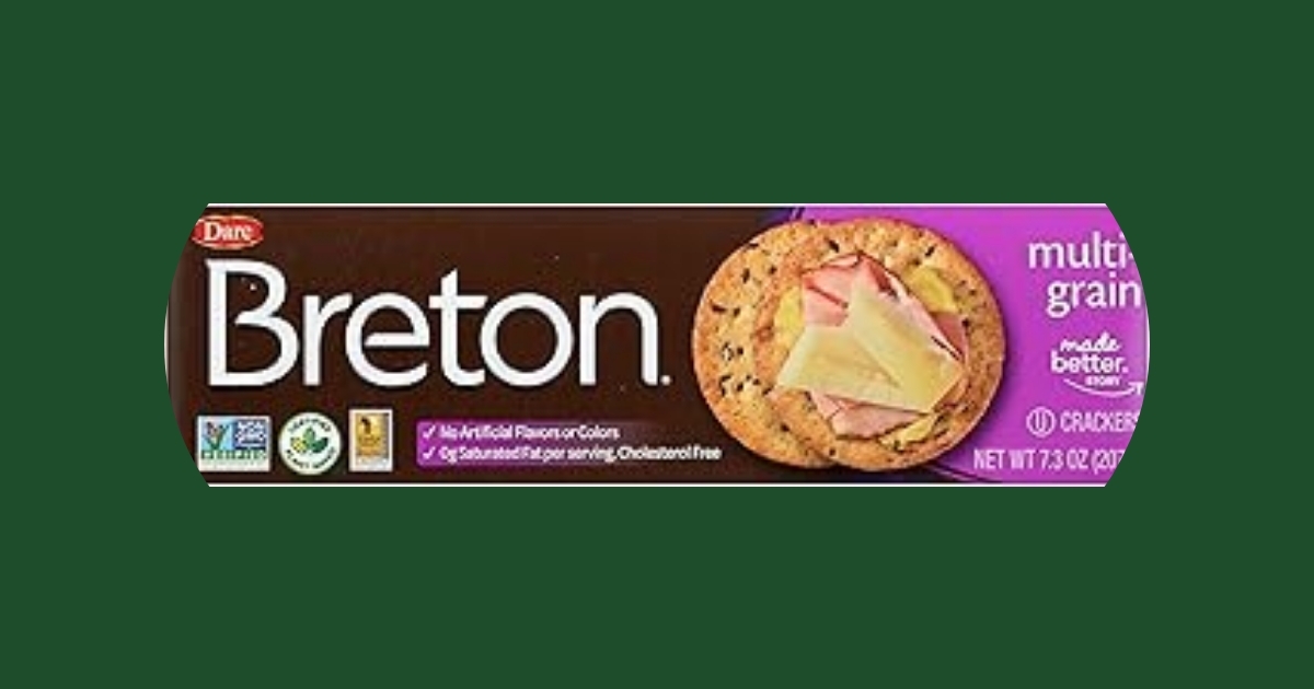 Box of Dare Breton Multigrain Crackers showing product packaging with nutritional facts panel and ingredient list visible