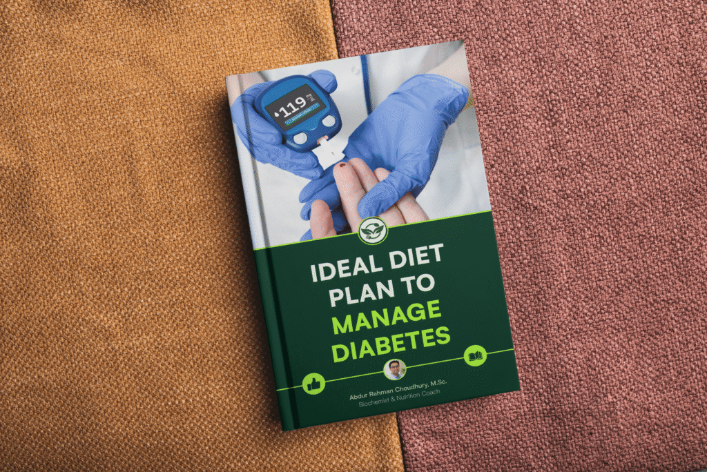 Ideal Diet Plan to Manage Diabetes ebook cover flat lay on orange and rust textured fabric background