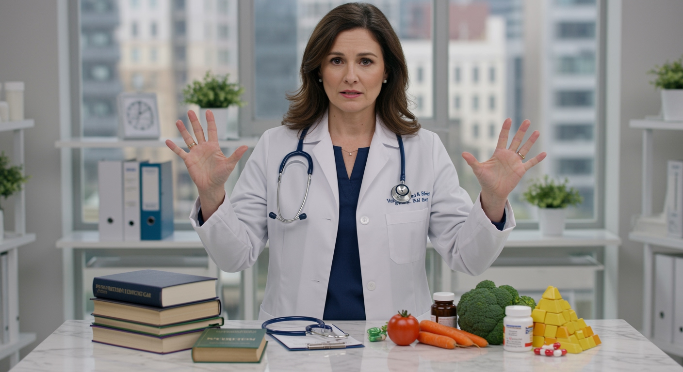 Female doctor in white coat gesturing toward medical textbooks and small nutrition book on marble countertop in medical office