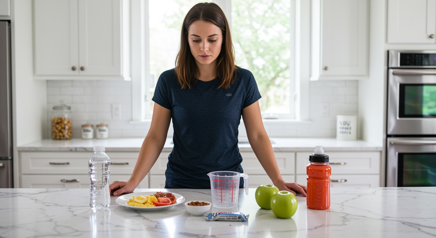 Athletic woman standing behind marble counter with sparse food items including apple, nuts, and protein bar in modern kitchen