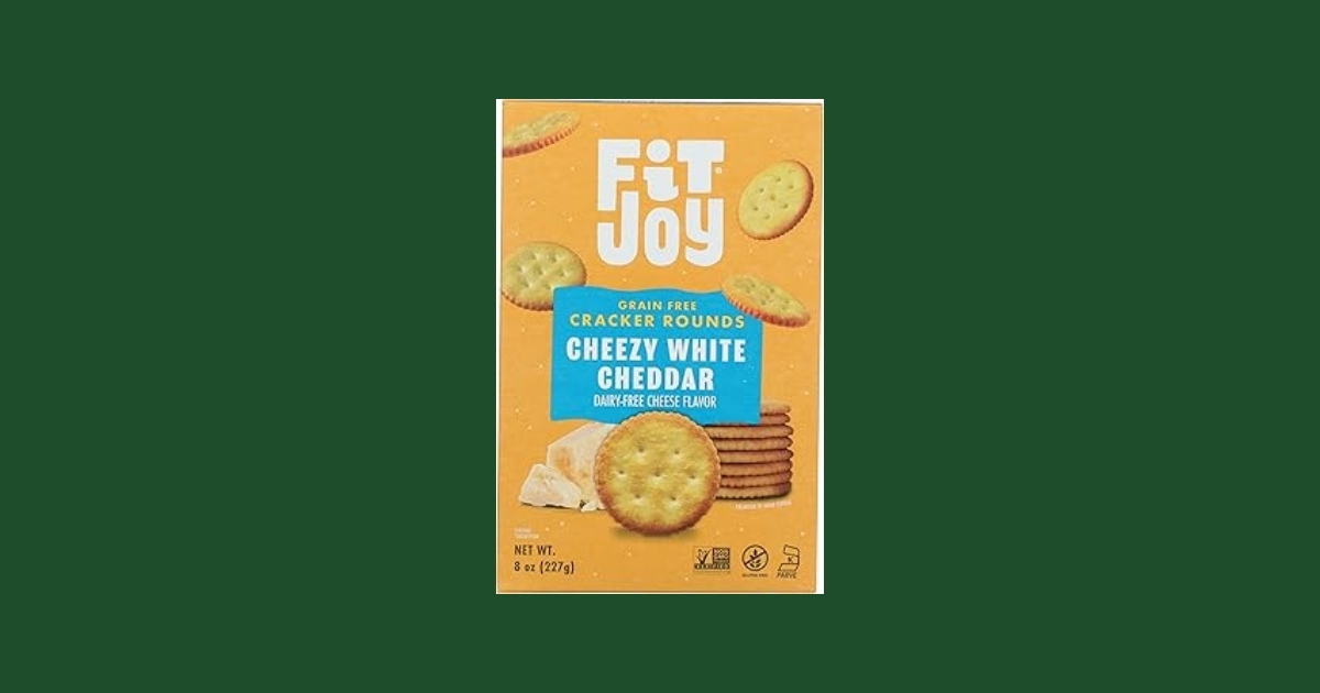 FitJoy Cheezy White Cheddar Cracker Rounds in resealable stand-up pouch showing product branding and nutritional claims