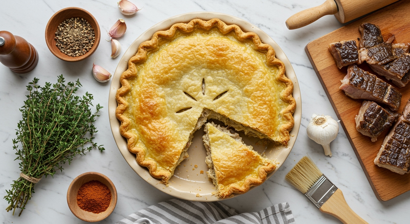 Golden alligator pie with slice removed showing creamy filling surrounded by herbs, spices, raw meat, and cooking tools on marble