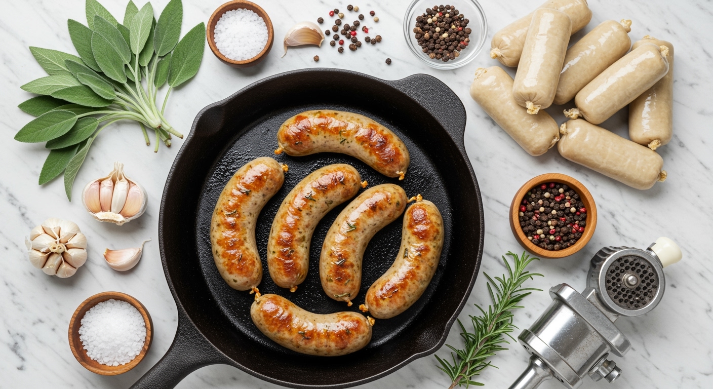 Golden-brown antelope sausage links in cast iron skillet surrounded by fresh sage, garlic, peppercorns, and meat grinder on marble