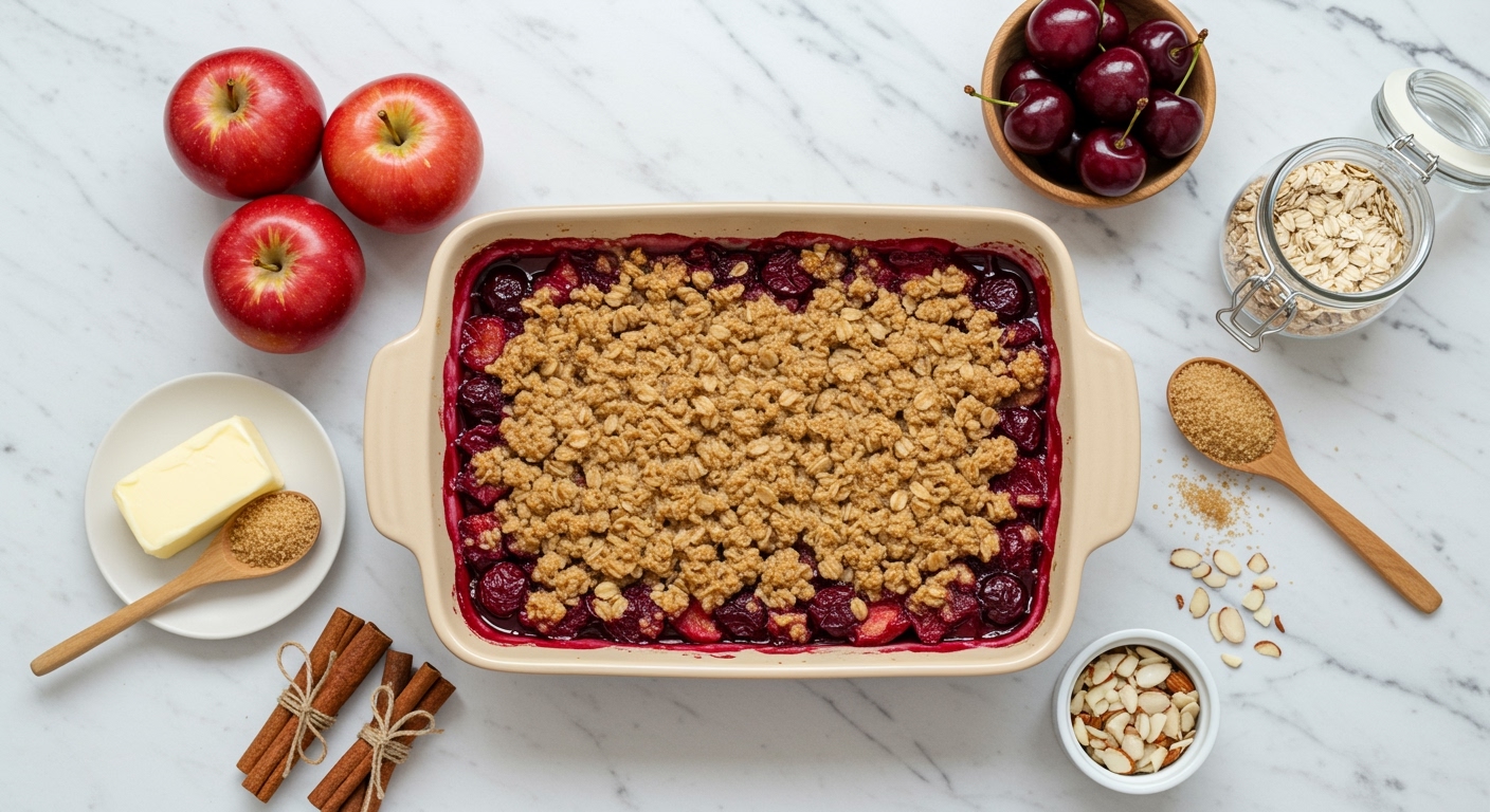 Apple cherry crisp with golden oat topping in ceramic dish surrounded by fresh apples, cherries, oats, butter, and cinnamon