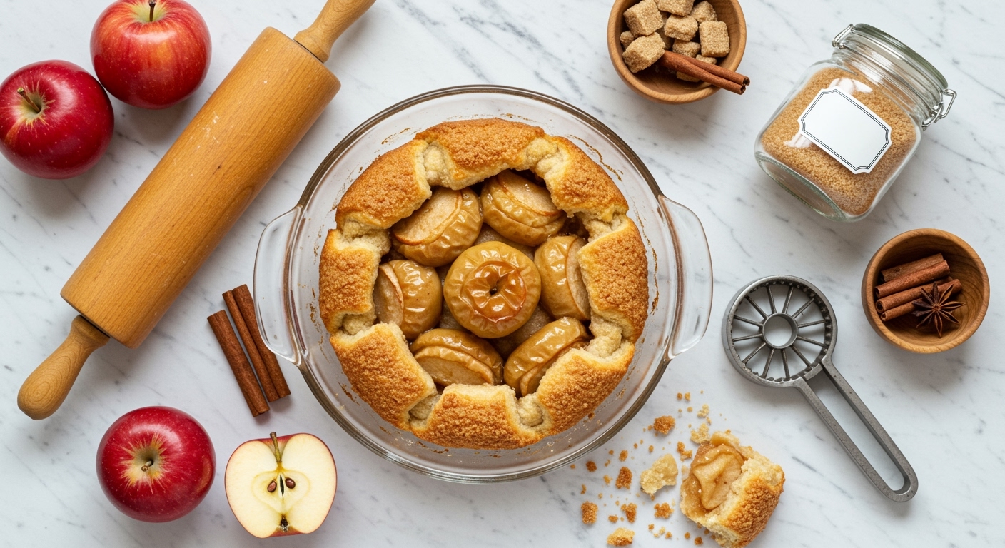 Baked Apple Crows Nest in glass dish with caramelized apples in crispy pastry surrounded by fresh apples and baking tools