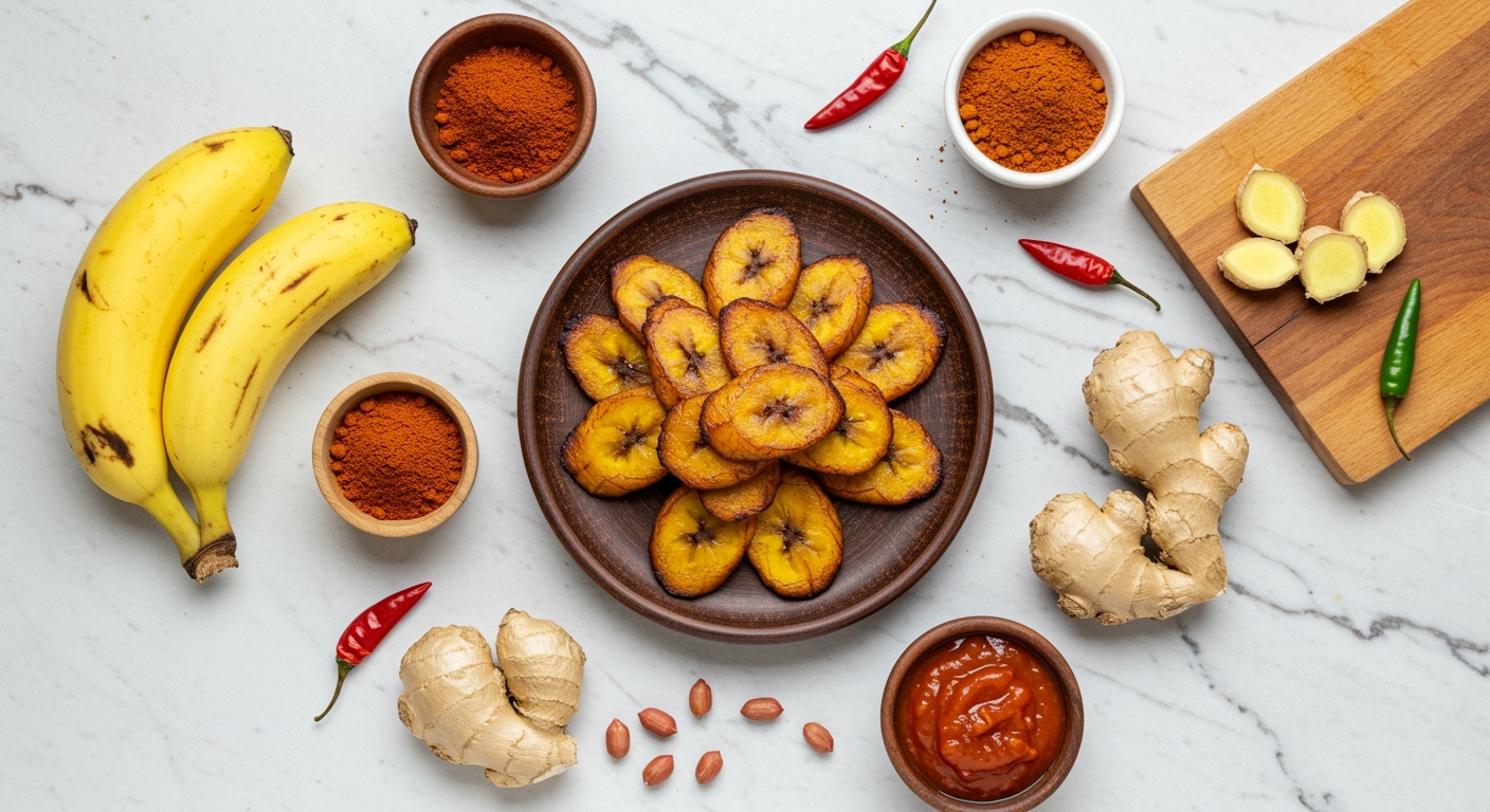 Golden brown alloco fried plantain pieces on ceramic plate surrounded by whole plantains, ginger, peanuts, and spices on marble