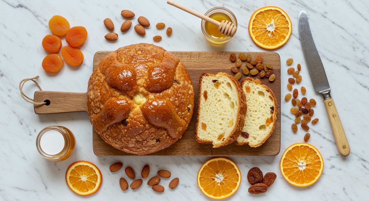 Argentina Pan Dulce sweet bread on wooden board surrounded by almonds, raisins, candied fruits, and orange slices on marble