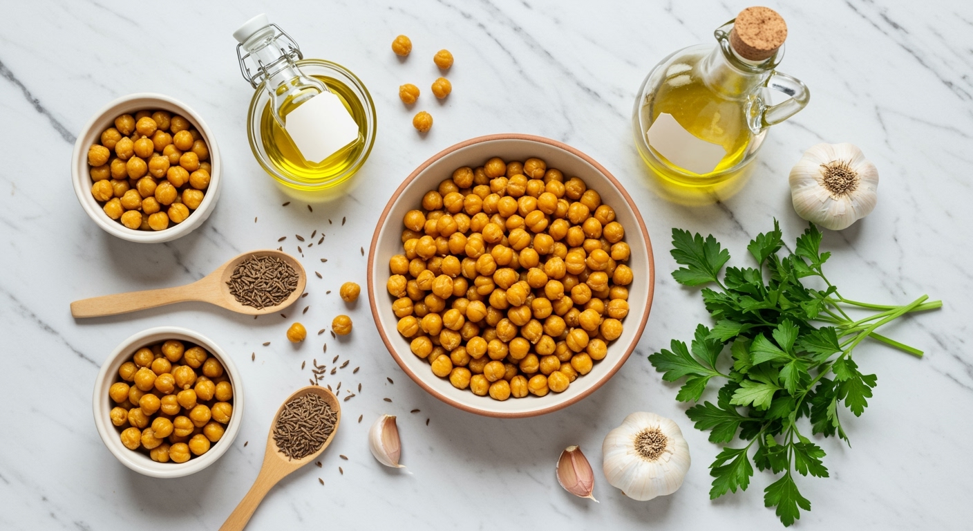 Top view of golden roasted arbes chickpeas in ceramic bowl surrounded by raw chickpeas, olive oil jar, cumin seeds, and garlic