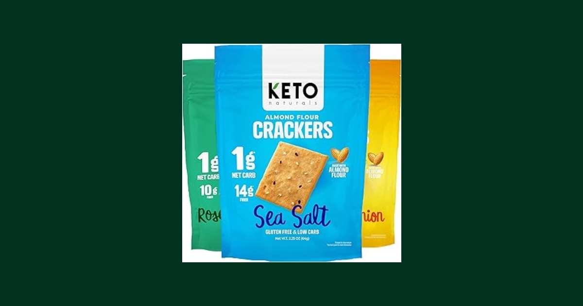 Three-pack variety of Keto Naturals almond flour crackers showing gluten-free and keto-friendly labels on packaging