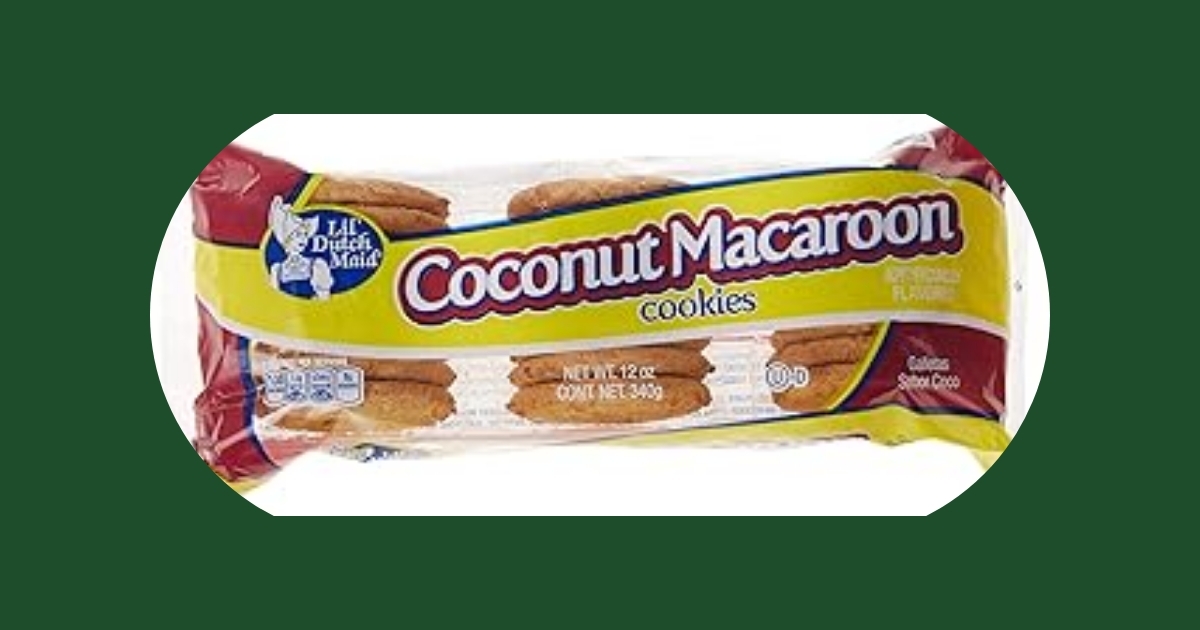 Package of Lil Dutch Maid Coconut Macaroon Cookies showing product branding and cookie contents on white background