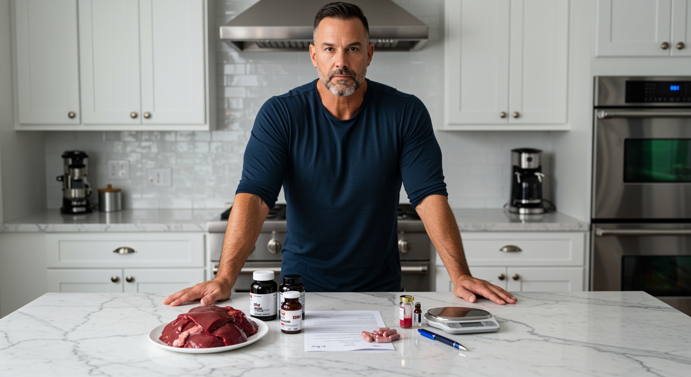 Muscular man in dark shirt standing behind marble counter with raw liver, supplements, legal document, and red liquid vial