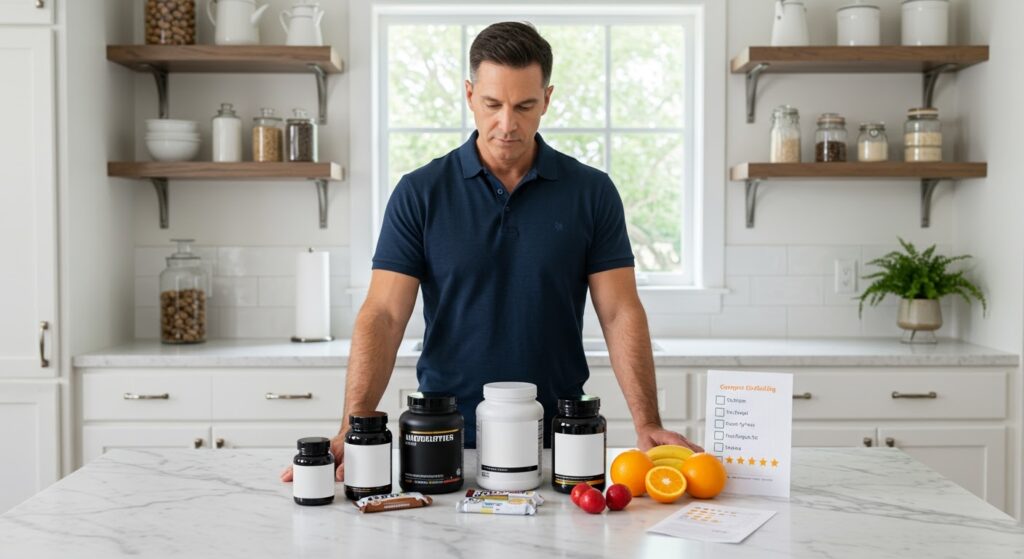Middle-aged man in navy polo examining supplement bottles, protein containers, and fresh produce arranged on white marble kitchen counter