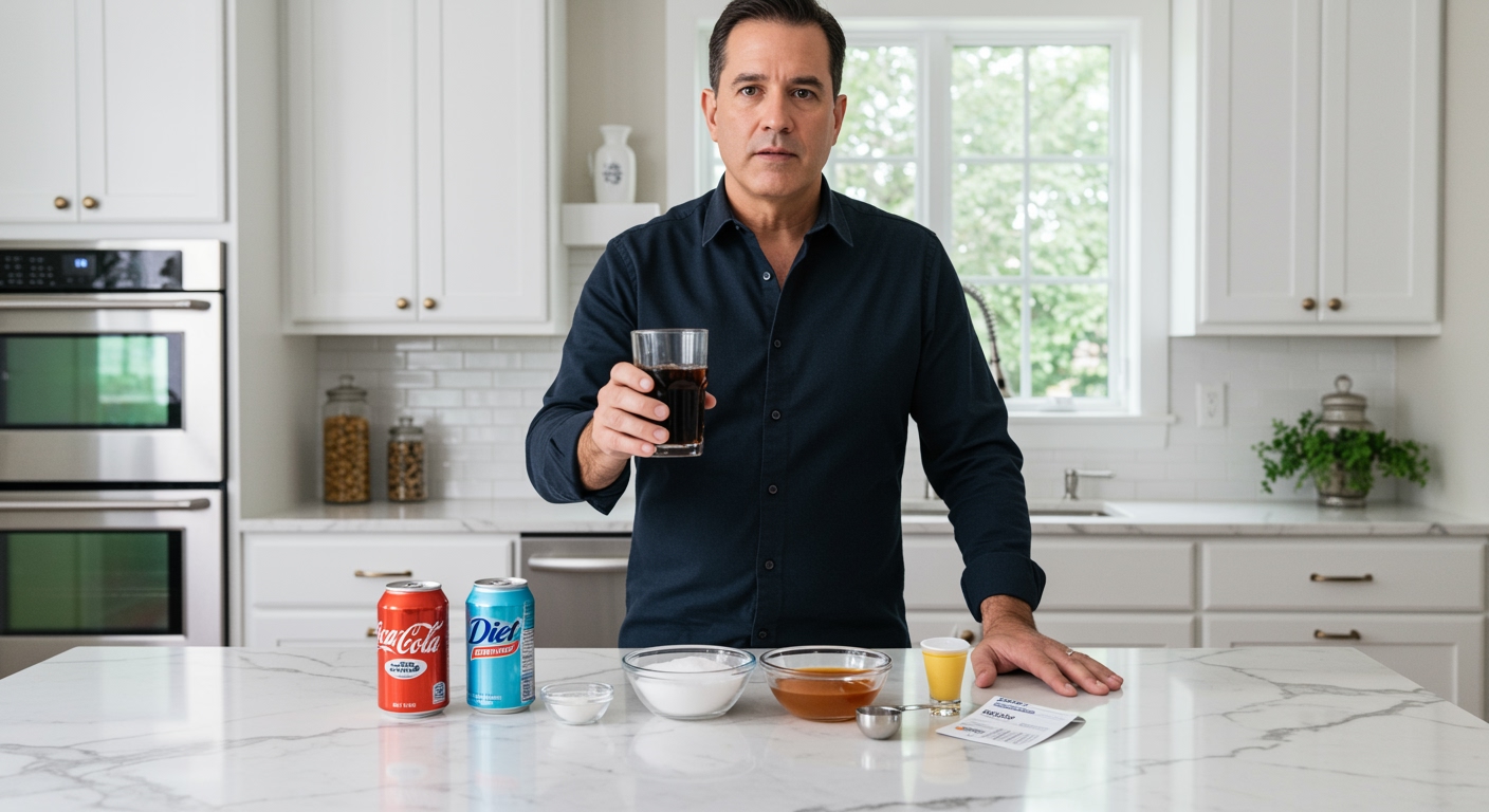 Man holding cola glass behind marble counter with sugar bowls, soda cans, and nutrition labels in bright modern kitchen