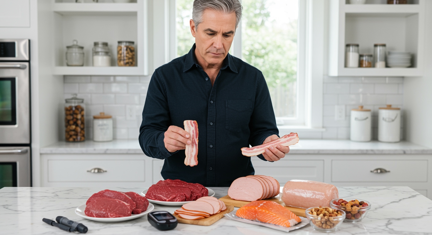 Middle-aged man examining chicken and bacon in modern kitchen with blood glucose meter and various protein sources on counter