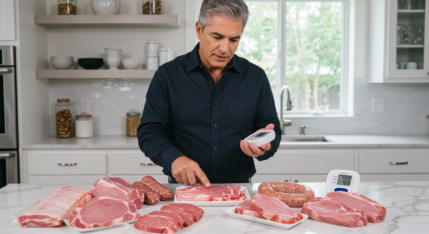 Middle-aged man examining various pork cuts on marble countertop while holding blood pressure monitor in modern kitchen