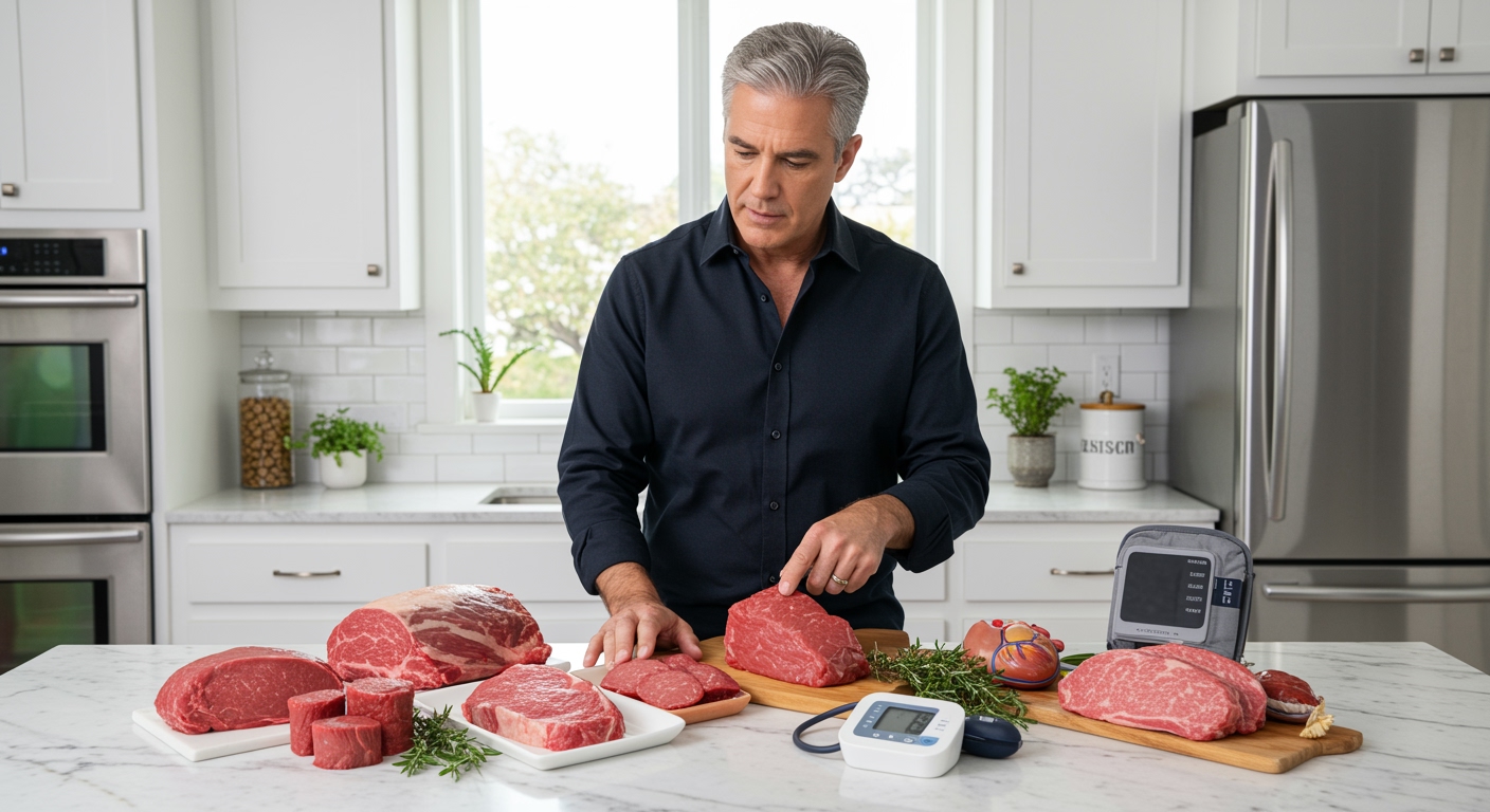 Middle-aged man examining raw red meat cuts on marble countertop with blood pressure monitor and heart model in modern kitchen