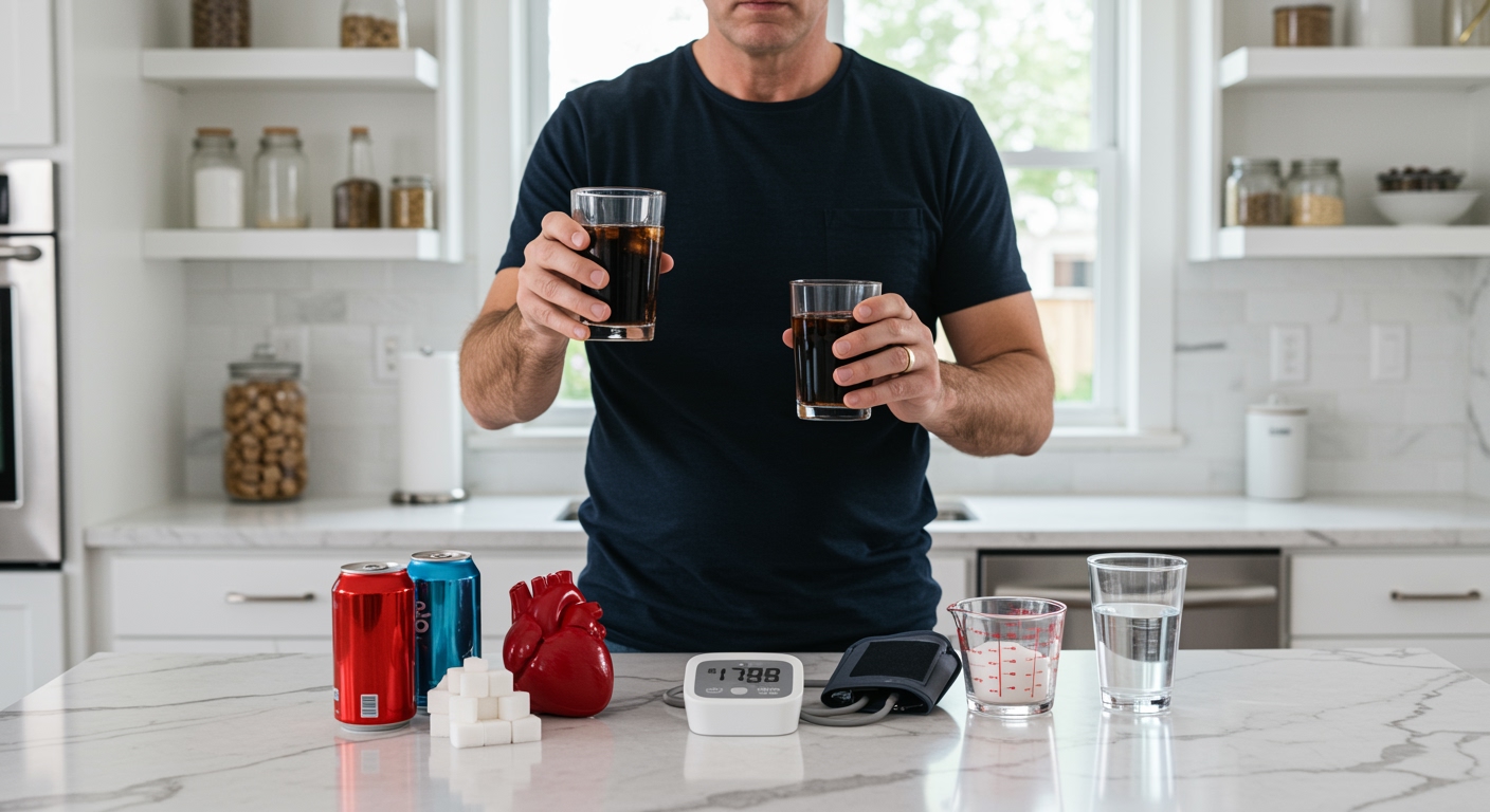 Middle-aged man holding cola glass next to blood pressure monitor on marble counter with soda cans and health items