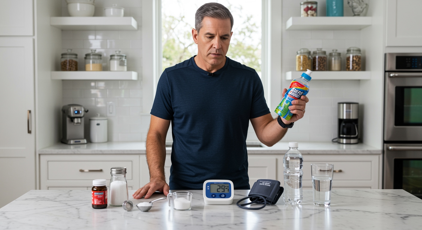 Middle-aged man holding sports drink bottle while examining blood pressure monitor on marble countertop with health items