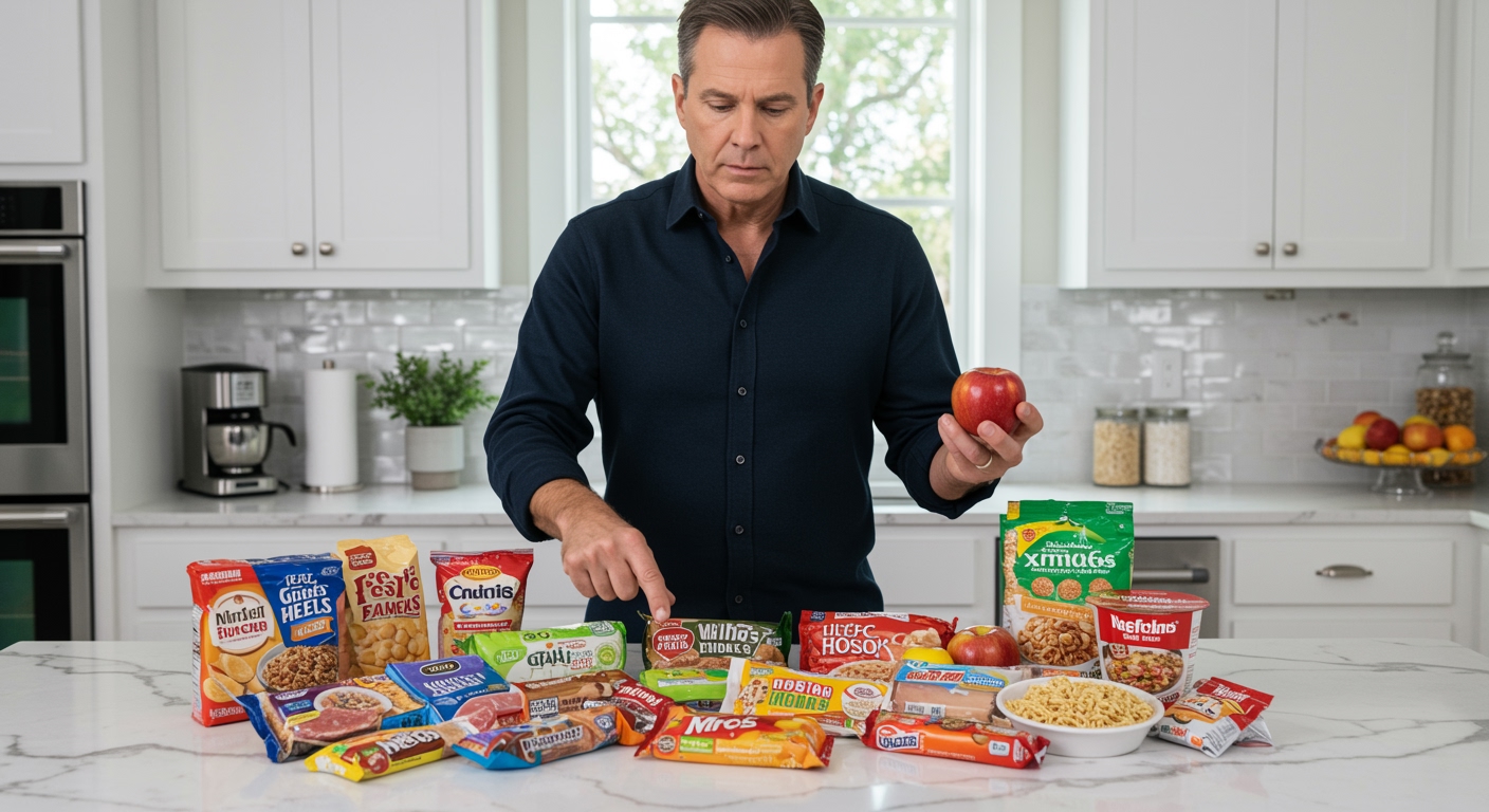 Middle-aged man in navy shirt standing behind marble countertop comparing ultra-processed packaged foods with fresh apple