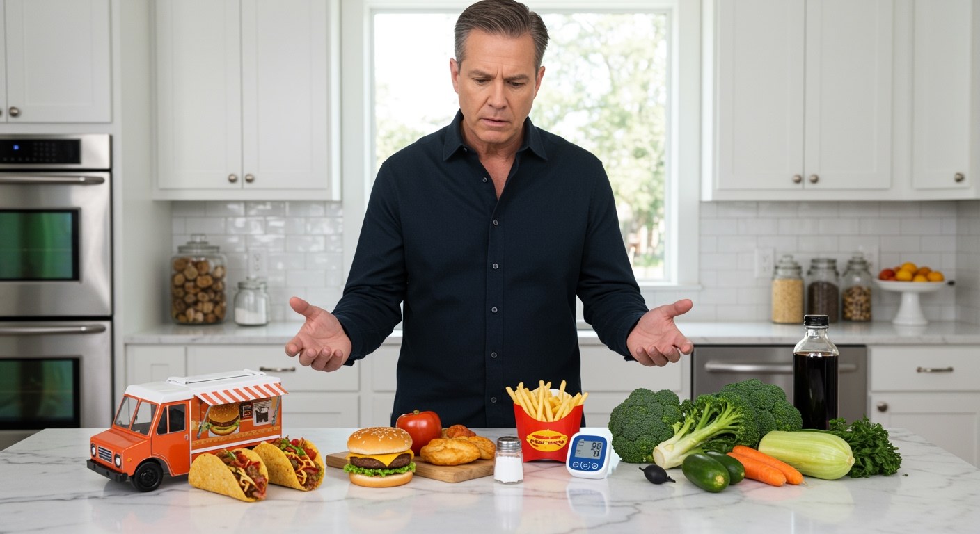 Middle-aged man examining food truck items and fresh vegetables on white marble countertop in modern kitchen setting