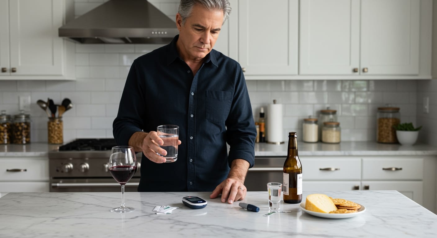 Middle-aged man holding water glass while looking at glucose meter on marble counter with wine, beer, and diabetic supplies